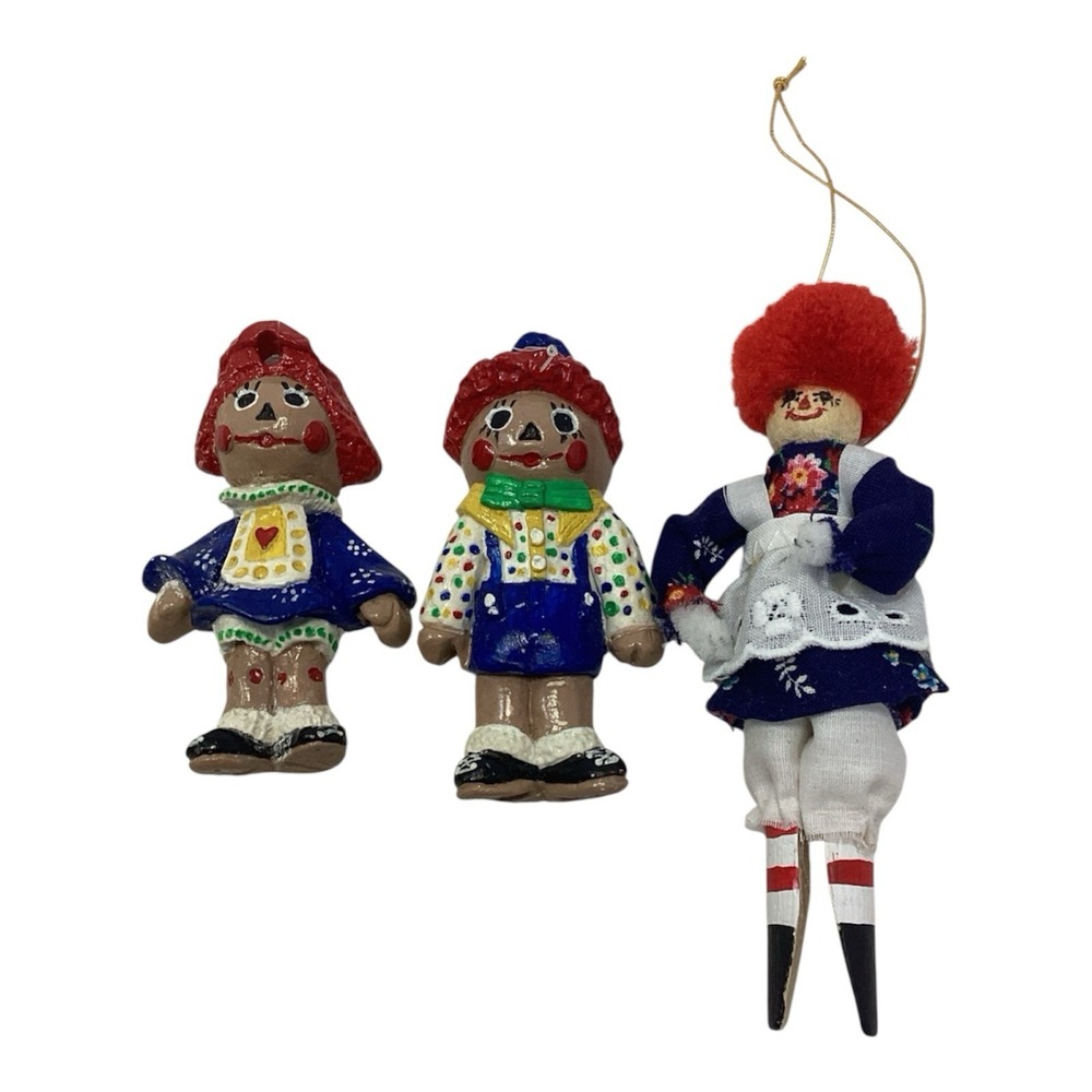 Vtg (3) Raggedy Ann Dolls Christmas Ornament Clothes Pin & Ceramic Handpainted